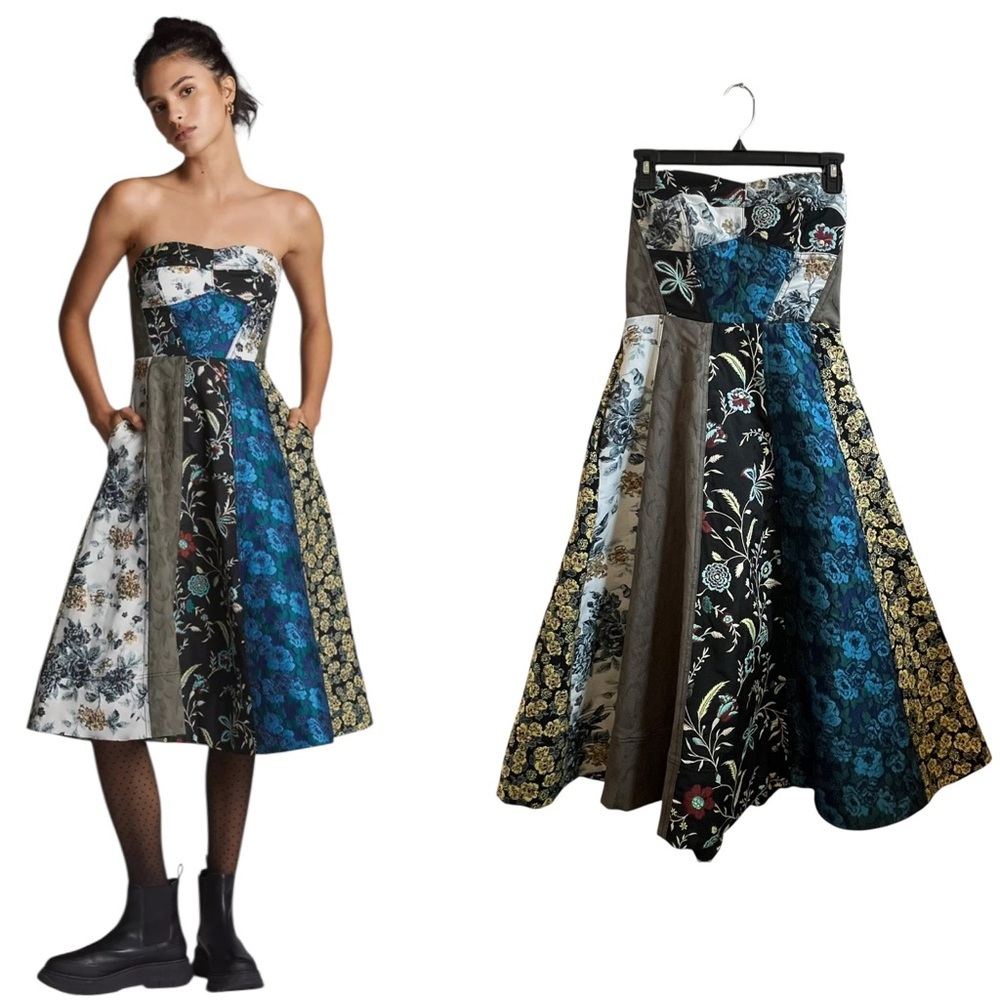 NWOT Anthropologie Floral Patchwork Sweetheart Strapless A Line Midi Dress SZ 6